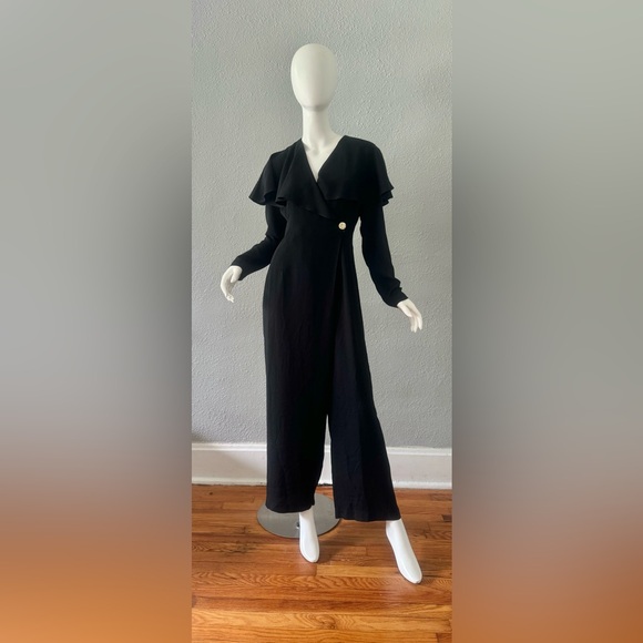 Vintage 80s Black Avant Garde Wide Leg Long Sleeve Jumpsuit M - Picture 5 of 11